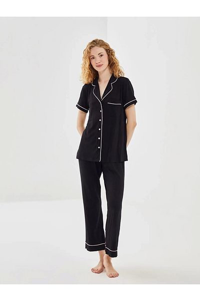 LC Waikiki Dream Black Shirt Collar Short Sleeve Women's Pajamas Set