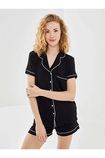 LC Waikiki Dream Black Shirt Collar Women's Pajama Set with Shorts