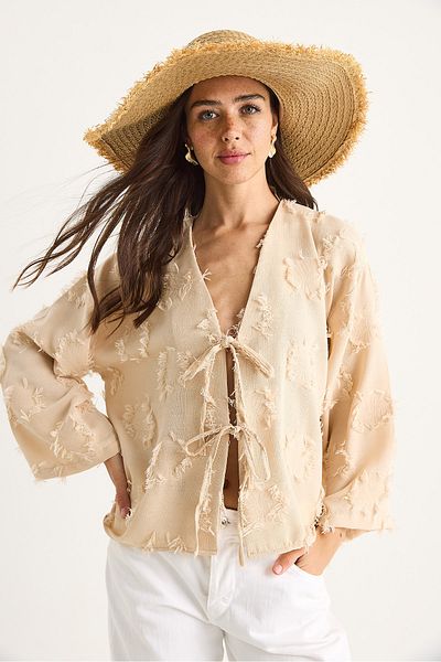 Bianco Lucci Women's Front Tie Self Embroidery Tassel Casual Kimono 7012-2 60283410