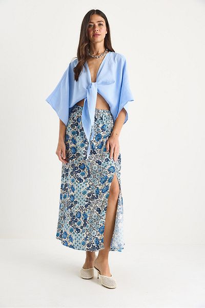 Bianco Lucci Women's Floral Patterned Cotton Skirt with Elastic Waist and Slit Detail 6689 60283412