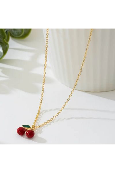 Medite Red Cherry Necklace with Gold Color Chain