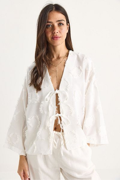 Bianco Lucci Women's Front Tie Self Embroidery Tassel Casual Kimono 7012-2 60283410
