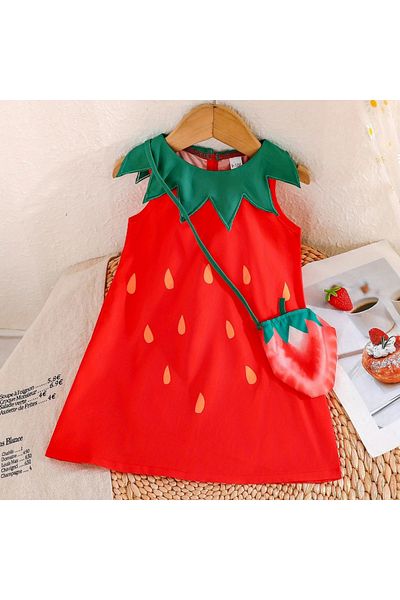 darko Strawberry Red Green Sleeveless Bag Set 2 Piece Set Cute Baby Girl Dress Bag Holiday