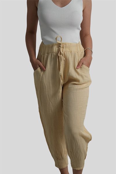 Miss Boheme Yellow Elastic Waist Muslin Trousers