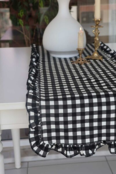 vintagetasarım Runner kareli fırfırlı vintage siyah duck keten 40x130