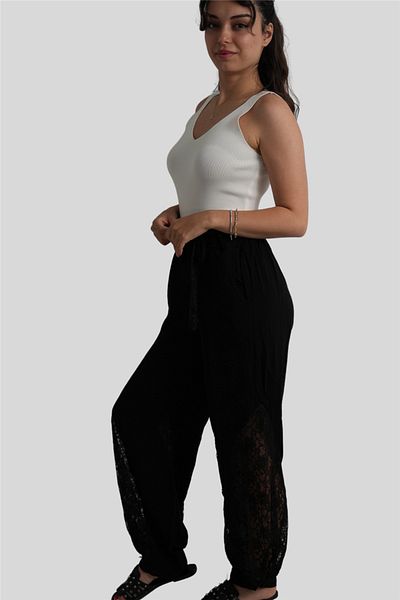 Miss Boheme Black Elastic Waist Side Lace Detailed Trousers