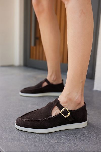 ANGELİNA JONES Orbita Women's Brown Real Leather Suede Loafer Shoes