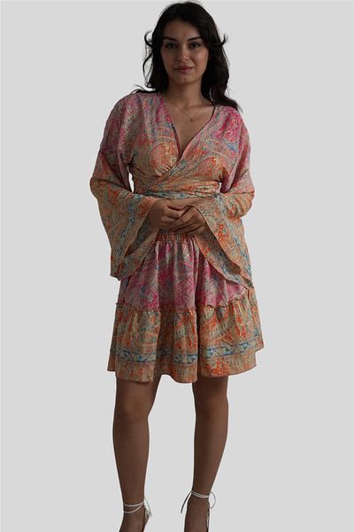 Miss Boheme Orange Gold Detailed Silk Short Skirt Blouse Set