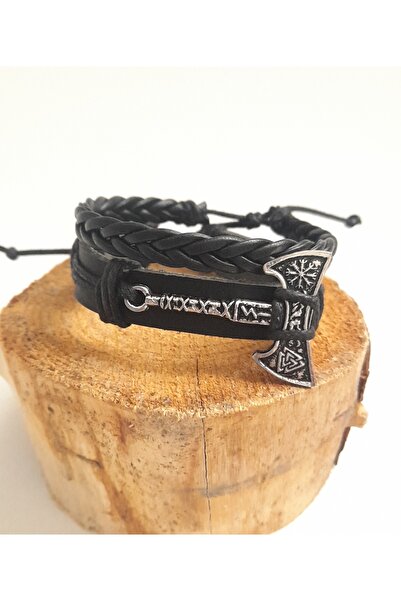 AB Takı Valknut Axe Figured 2-Piece Fashion Genuine Leather Bracelet