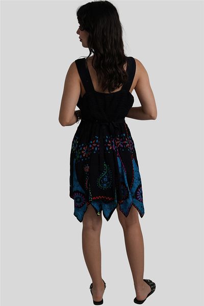 Miss Boheme Black Color Embroidered Thick Strap Pink-Orange Daisy Asymmetric Cut Dress
