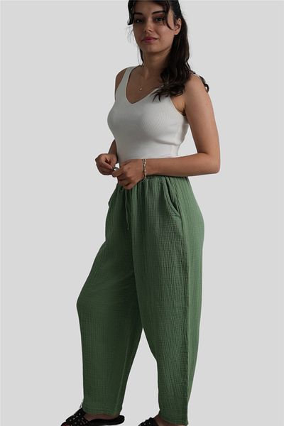 Miss Boheme Khaki Elastic Waist Muslin Trousers