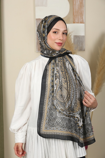 moda camiya Retro Etnik Desen Şal Renk'' Siyah Hardal '' Pamuk Viskon -EN&BOY 70x180