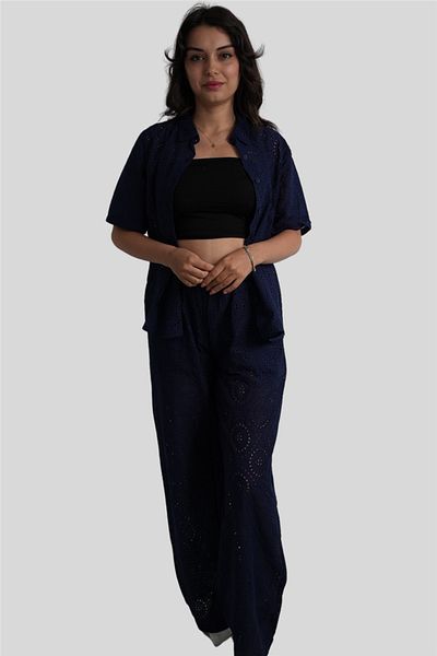 Miss Boheme Navy Blue Voile Scalloped Trousers Shirt Suit