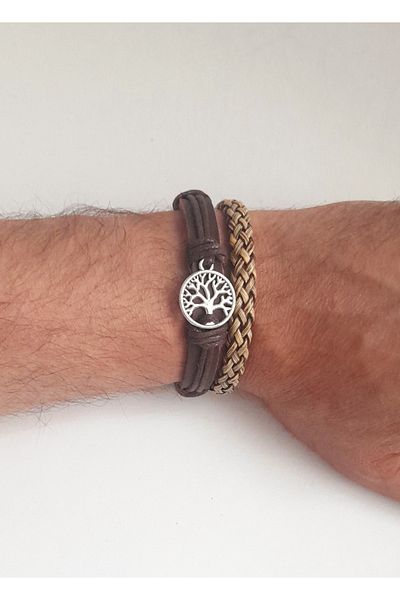 AB Takı Set of 2 Fashionable Genuine Leather Bracelets with Tree of Life Figure