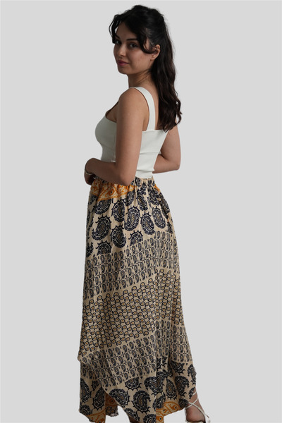 Miss Boheme Beige Color Gold Detailed Silk Long Skirt