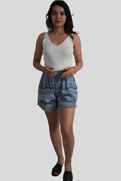 Miss Boheme Blue Wave Patterned Linen Shorts