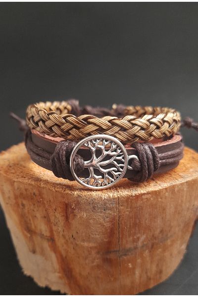 AB Takı Set of 2 Fashionable Genuine Leather Bracelets with Tree of Life Figure