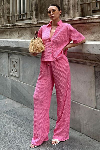 Swist Pink Polo Collar Crop Pants Women's Wrinkle Bottom Top Set