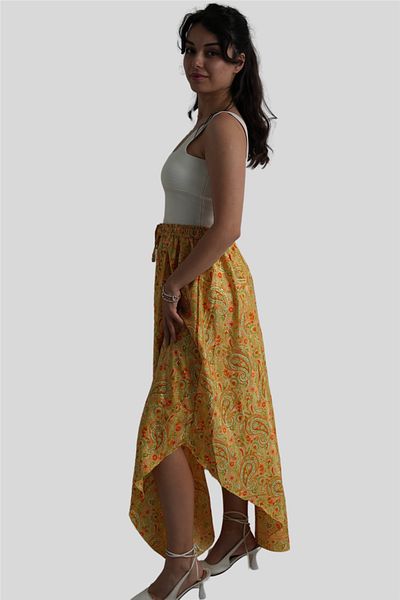 Miss Boheme Yellow Color Gold Detailed Silk Long Skirt
