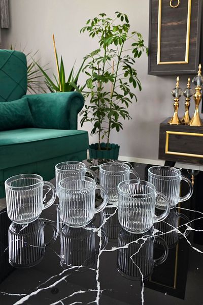 Gülümseten Avm Set of 6 Glass Tea Cups with Handles |   Glass Coffee Cup |   Origami Striped Glass Cup