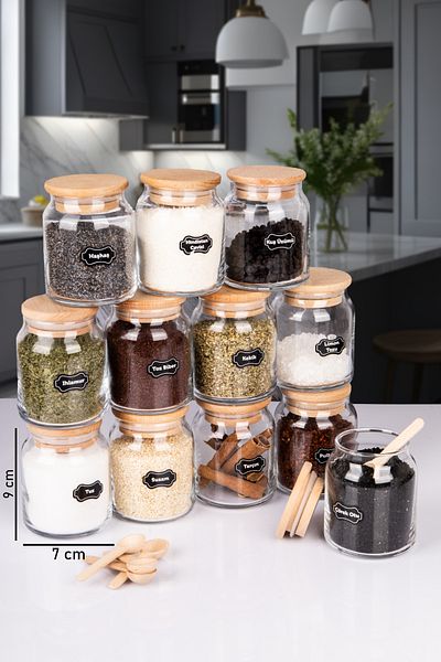 naturelove 12 Pieces Natural Wooden Acacia Vacuum Lid Glass Spice Jar with Label and Spoon Gift 300 ml