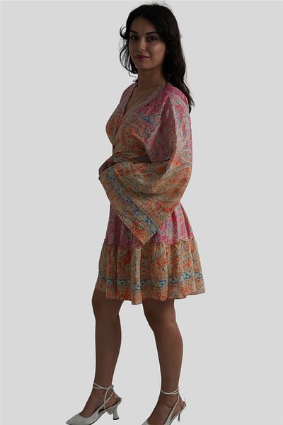 Miss Boheme Orange Gold Detailed Silk Short Skirt Blouse Set