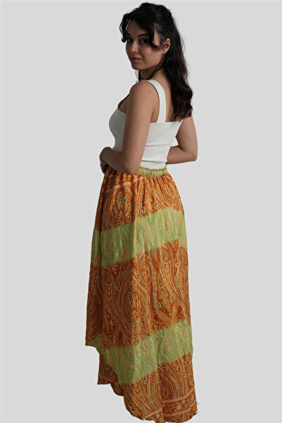 Miss Boheme Tile Color Gold Detailed Silk Long Skirt