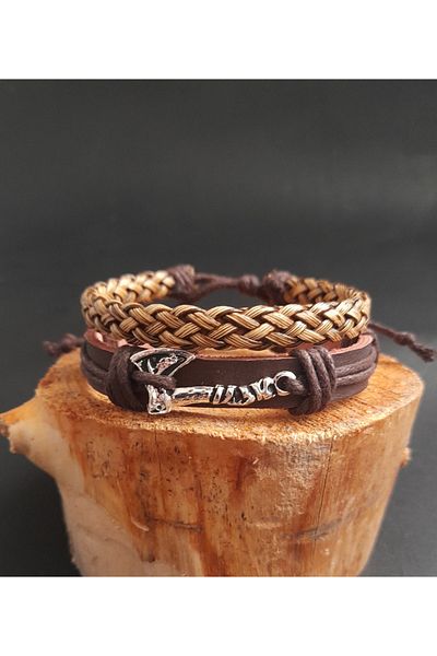 AB Takı 2-Piece Fashion Genuine Leather Bracelet with Axe Figure