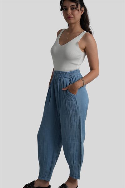 Miss Boheme Blue Elastic Waist Muslin Trousers