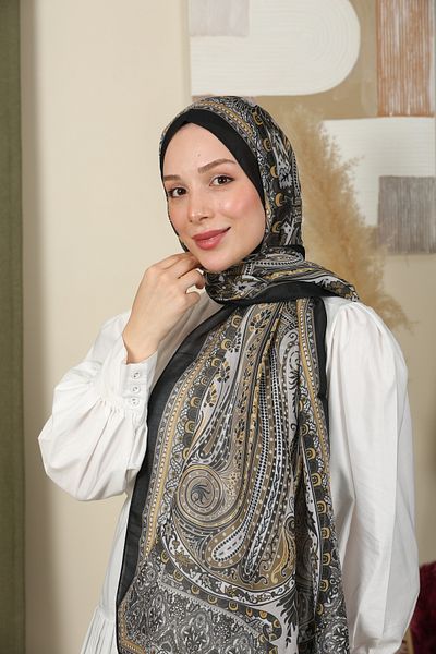 moda camiya Retro Ethnic Pattern Shawl Color'' Black Mustard'' Cotton Viscose -En&Boy 70X180