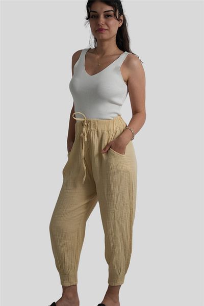Miss Boheme Yellow Elastic Waist Muslin Trousers