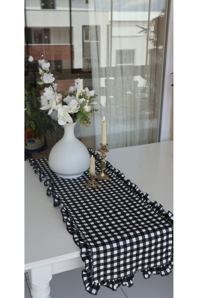 vintagetasarım Runner kareli fırfırlı vintage siyah duck keten 40x130