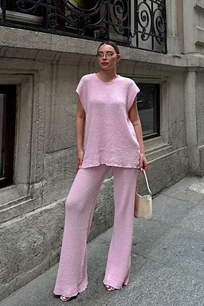 Swist Pembe Düşük Kol Bluz-Pantolon Örme Kadın Triko Alt Üst Takım