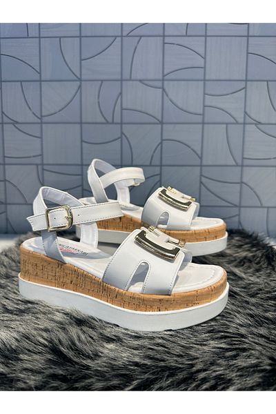 Anıl Ayakkabı Castle 35182 White H Buckle Detail Cork Wedge Heel Laced Daily Orthopedic Sandals Shoes