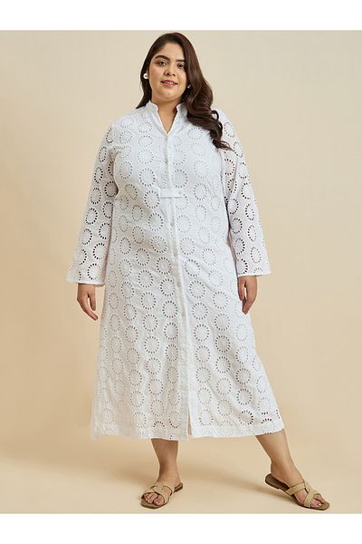 Femmella By Styli Textured Cotton Schiffli Shirt Maxi Dress