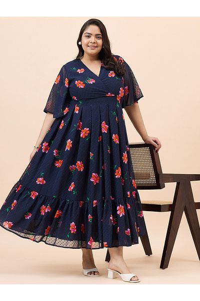 Femmella By Styli All-Over Print Textured Wrap Tiered Maxi Dress