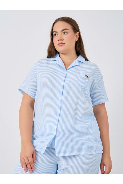 Styli Plus Size Striped Collared Shirt and Pyjama Set