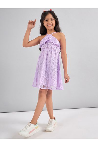 Stylo Bug By Styli Self Design Halter Neck A-Line Dress with Pompom Detail