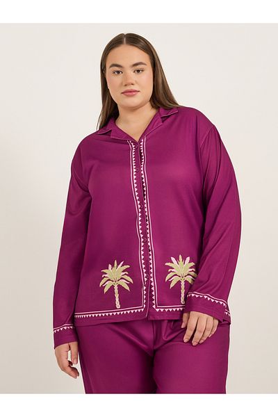 Styli Plus Size Palm Tree Graphic Print Long Sleeve Shirt and Pyjama Set