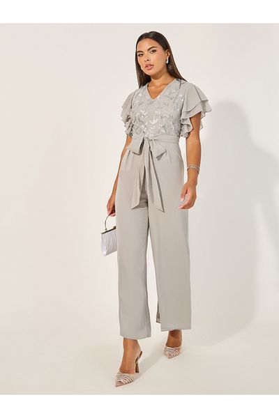 Styli Embroidered Layered Ruffled Sleeves Wide Leg Jumpsuit