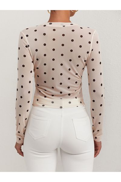 Take Two By Styli Polka Dot Mesh Long Sleeve Round Neck Top