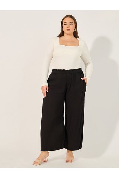 Styli Plus Size Solid Crinkled Wide Leg Ankle Length Pants