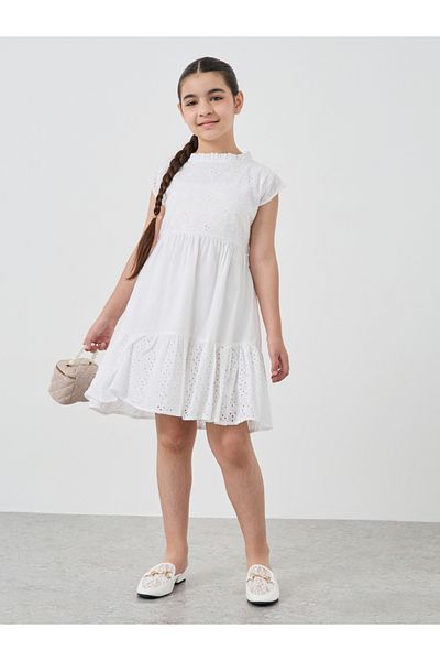 Styli Girls Schiffli Cap Sleeves Dress with Ruffle Trim