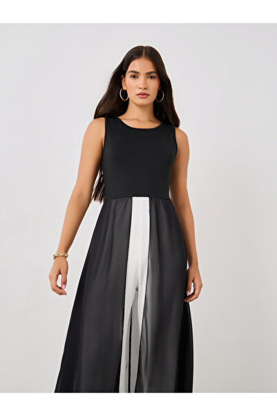 Styli Sleeveless Color Block Jumpsuit with Chiffon Skirt Detail