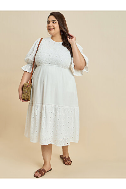 Femmella By Styli Texture Cotton Schiffli Tiered Midi Dress