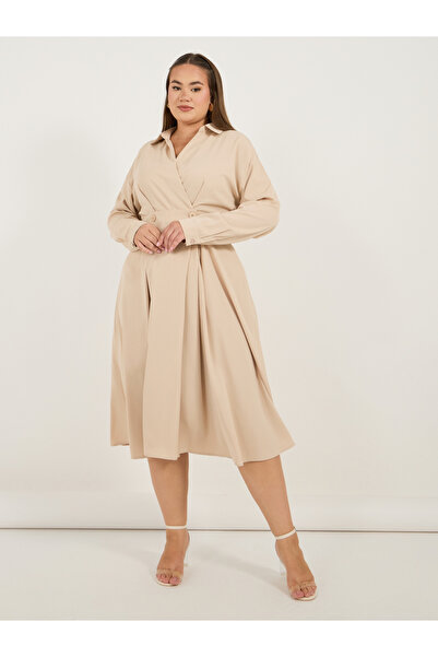 Styli Plus Size Wrap Front A-Line Shirt Midi Dress
