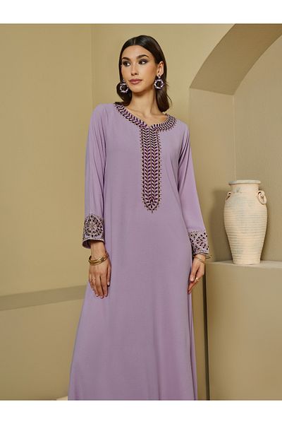 Styli Embroidered Trim Textured Jalabiya
