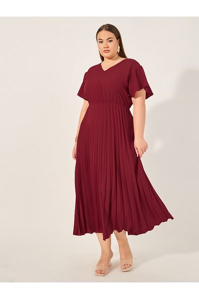 Styli Plus Size Solid Accordion Pleated A-Line Midi Dress