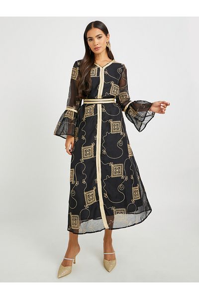 Keenly By Styli Women Black Embroidered V Neck Jalabiya with Lace Detailcl