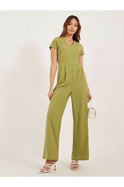 Styli Solid V Neck Pleated Wide Leg Jumpsuit